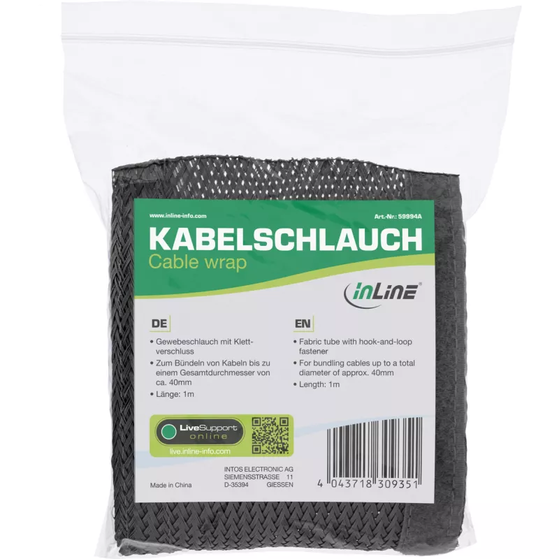 Kabeļu aizsargcaurule InLine auduma uzmava ar āķa-cilpas stiprinājumu 1 m × 25 mm, melna