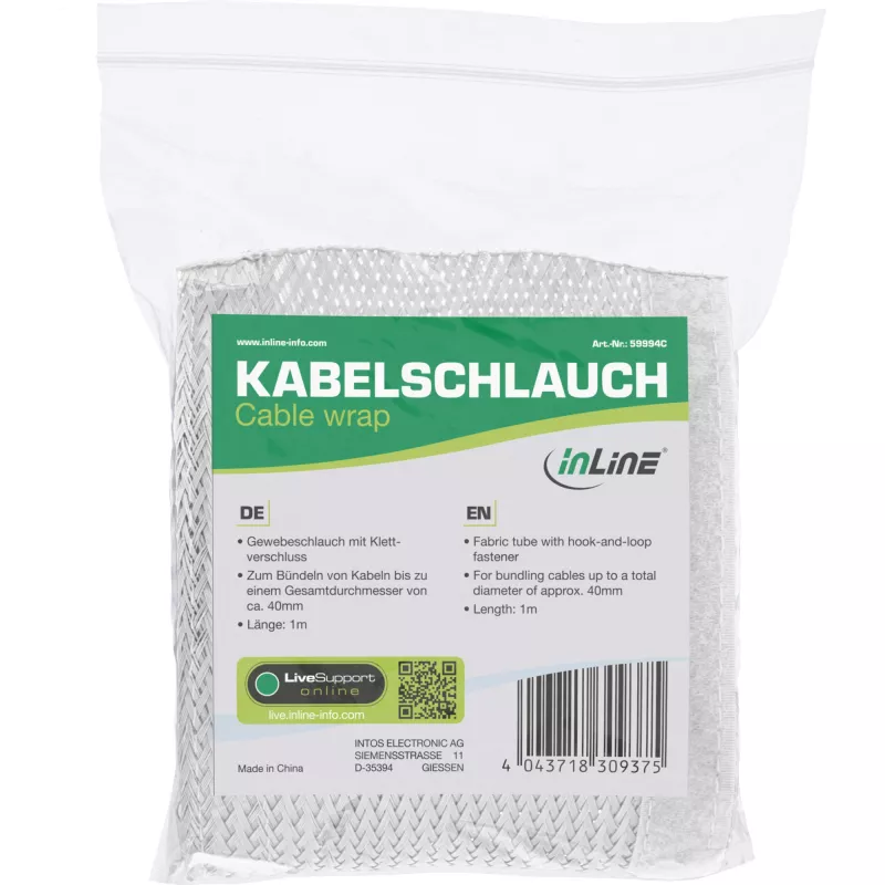 InLine kabeļu apvalks, auduma caurule ar āķa un cilpas stiprinājumu, 1 m x 25 mm balta