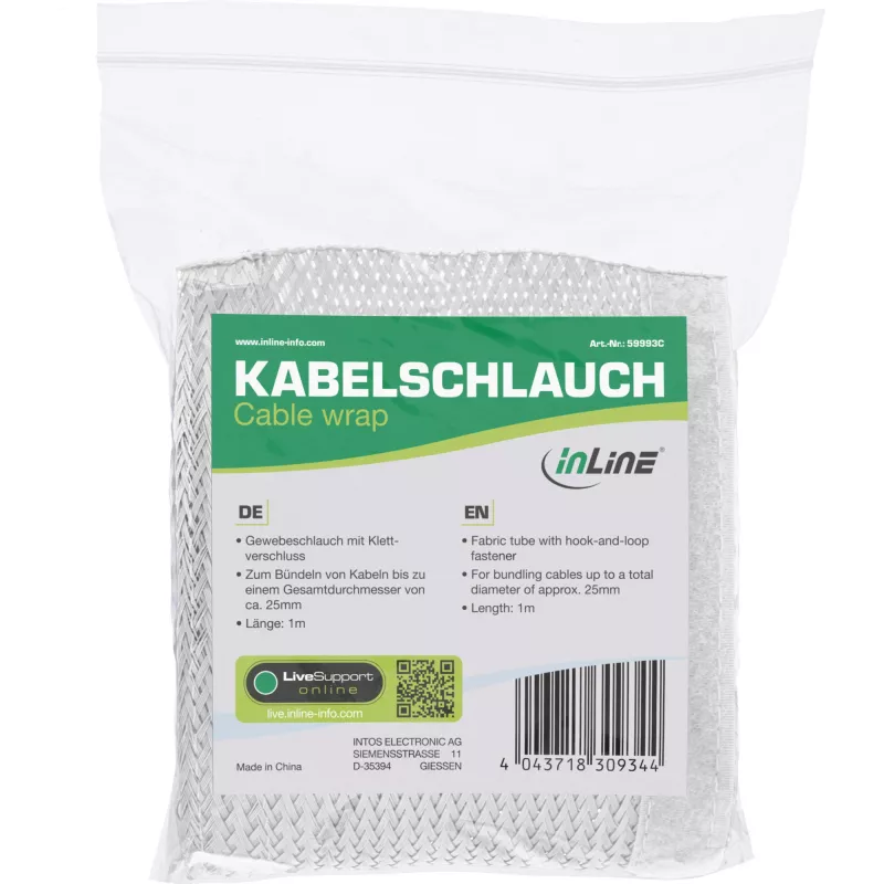 Kabeļu piedurkne InLine 1 m × 25 mm, auduma šļūtene ar āķa un cilpas stiprinājumu, balta