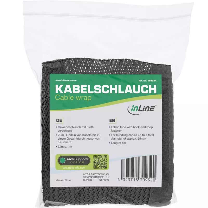 Kabeļu aizsarguzmava InLine 59993A — auduma caurule ar āķa-cilpas stiprinājumu, 1 m × 25 mm, melna