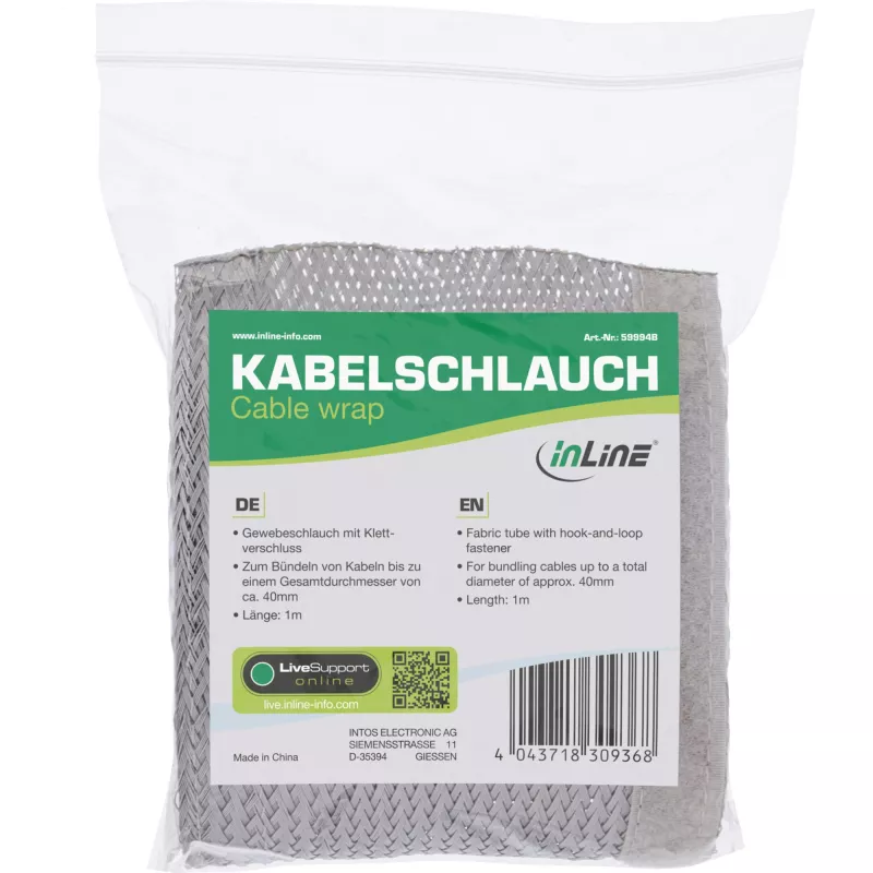 InLine kabeļu kanāls, auduma caurule ar āķa un cilpas stiprinājumu, 1m x 25mm pelēks
