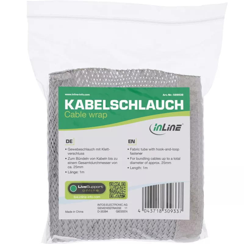 InLine kabeļu apvalks, auduma uzmava ar āķa-cilpas stiprinājumu, 1m x 25mm pelēka