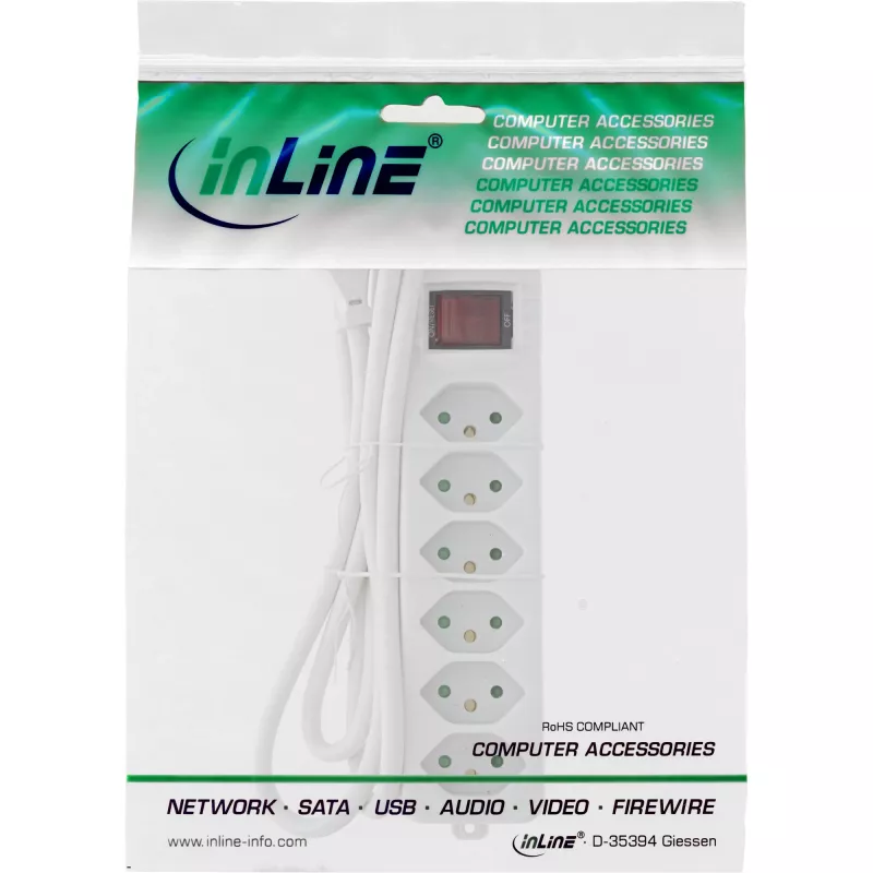 InLine sadalītājs ŠVEICE, 6 ligzdas, ar slēdzi, 1,5 m, balts