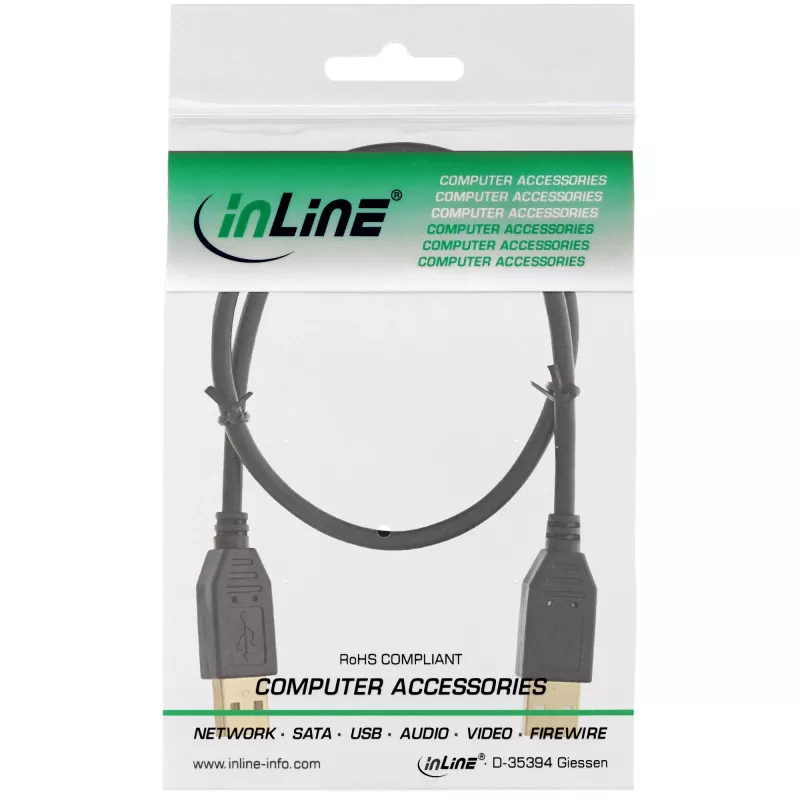 InLine USB 2.0 kabelis, AM/AM, melns, zeltīti kontakti, 3m