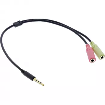 InLine audio austiņu adaptera kabelis, 3,5 mm vīr., 4 kontaktu / 2x 3,5 mm, melns, 1 m