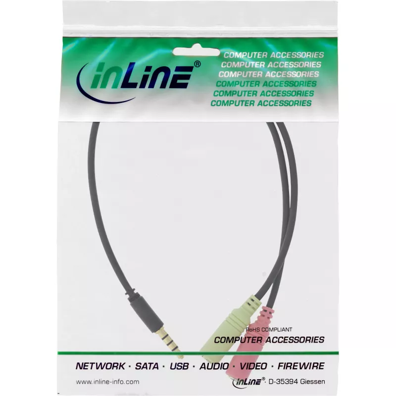 InLine Audio Headset adaptera kabelis 3.5mm male 4 Pin / 2x 3.5mm, Melns, 2m