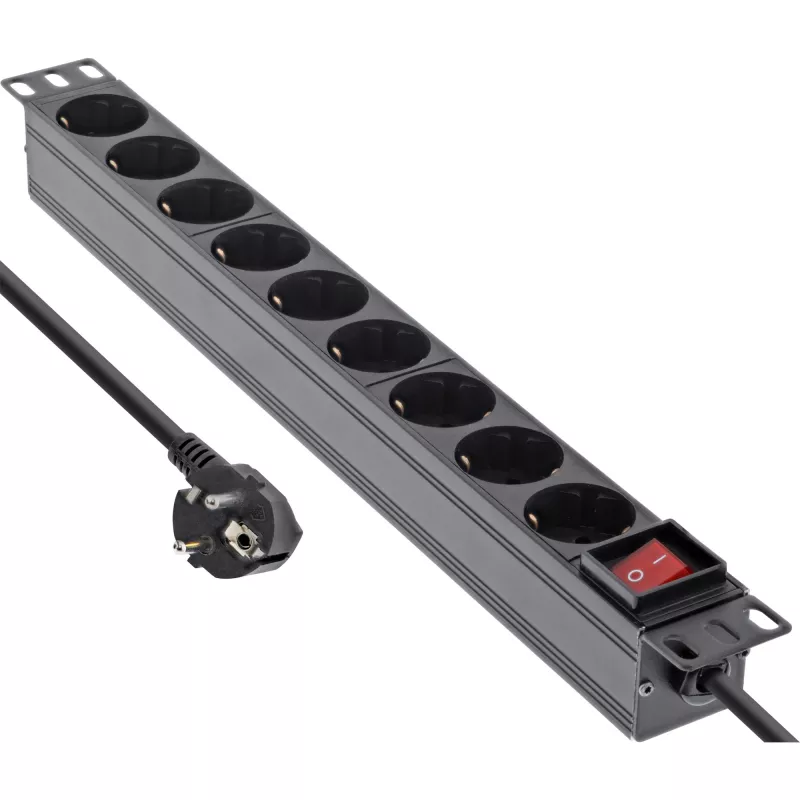 InLine 19 collu kontaktligzdu bloks, 9-vietīgs, ar zemējuma kontaktu, ar slēdzi, 2 m, melns