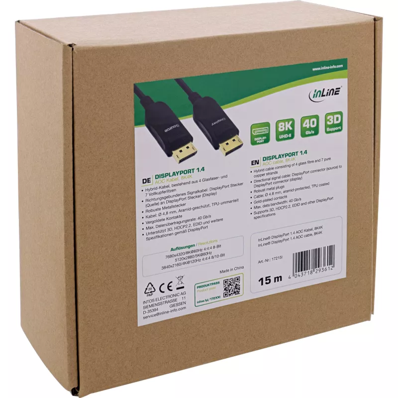 InLine DisplayPort 1.4 AOC kabelis, 8K4K, melns, 15 m