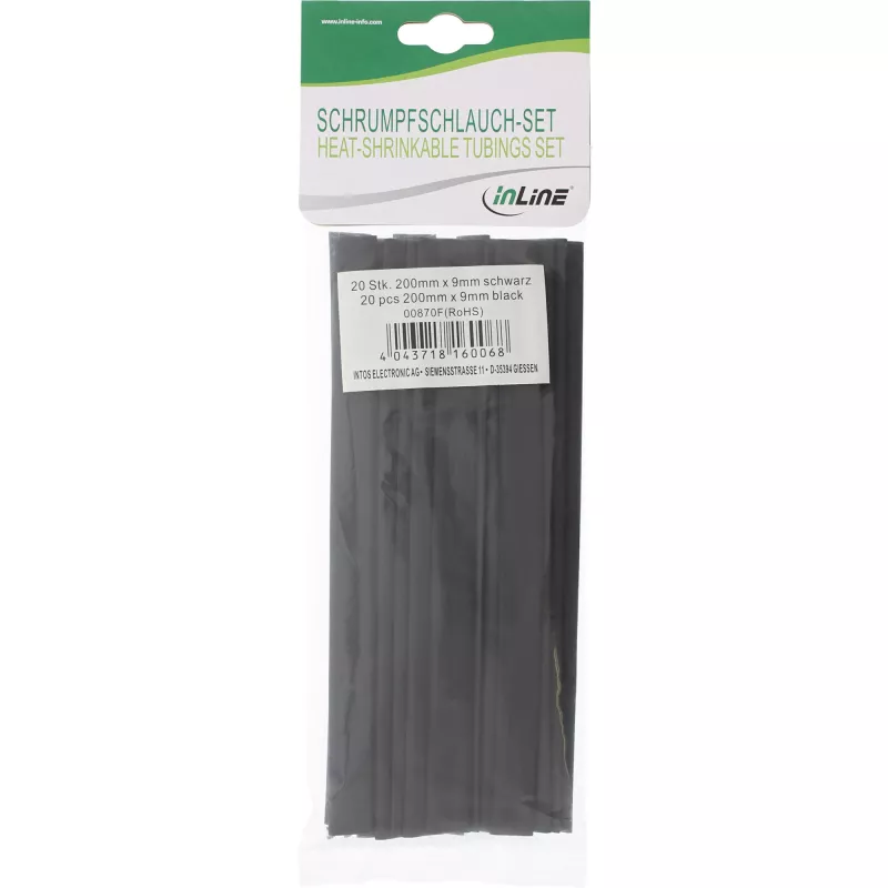 Termo saraušanās caurulīšu komplekts InLine 200 mm garas, diametri 9 mm → 4.5 mm, 20 gab., melns