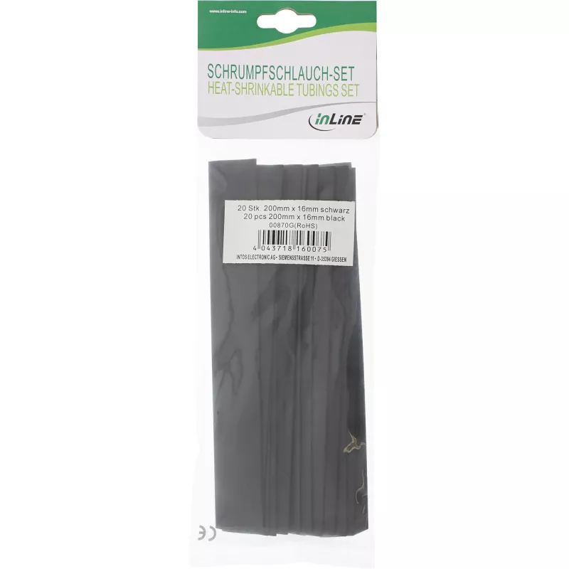 Termosarūkošā caurule InLine 200 mm, diametrs 16 mm → 8 mm, 20 gab., melna