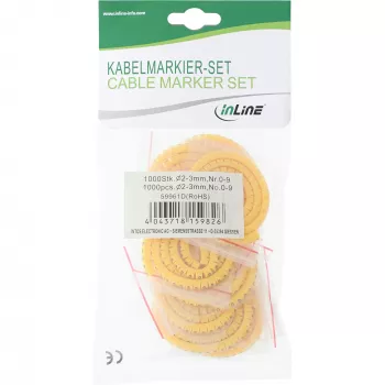 Kabeļu marķēšanas uzmavas InLine 2–3 mm, ciparu 0–9, 1000 gab., dzeltenas
