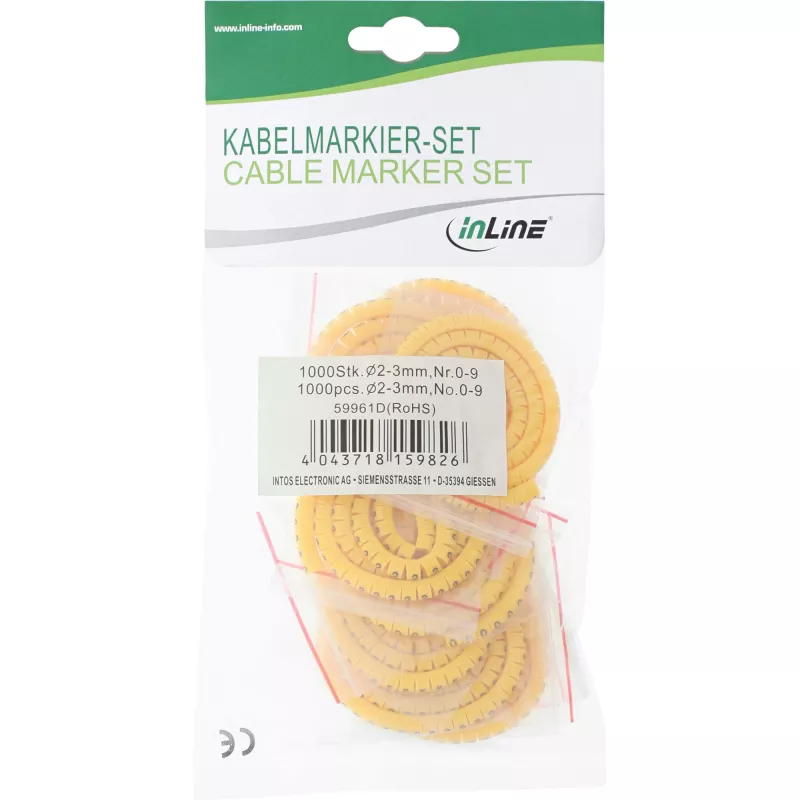 Kabeļu marķēšanas gredzeni InLine 5,2–10 mm, cipari 0–9, 1000 gab., dzelteni