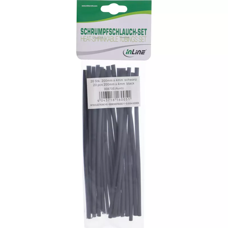 Termiski sarūkošās caurules InLine 200 mm, saraušanās koeficients no 4 mm līdz 2 mm, 20 gab., melna