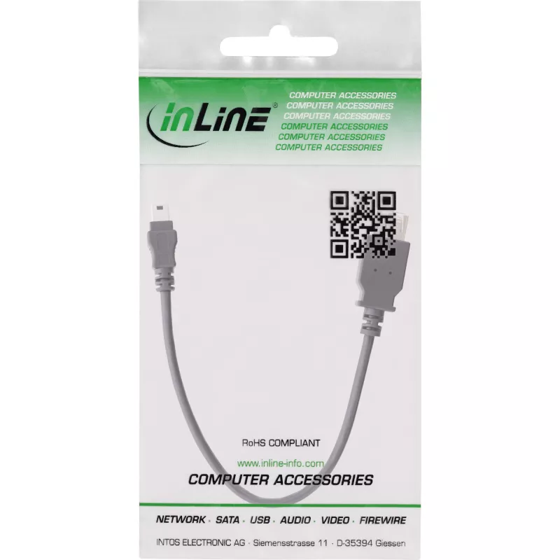 InLine USB 2.0 kabelis A ligzda / Mini 5 kontaktu spraudnis 0,2 m, 0,2 m, Mini-USB B, USB A, USB 2.0, Vīrišķais/Sievišķais, Melns