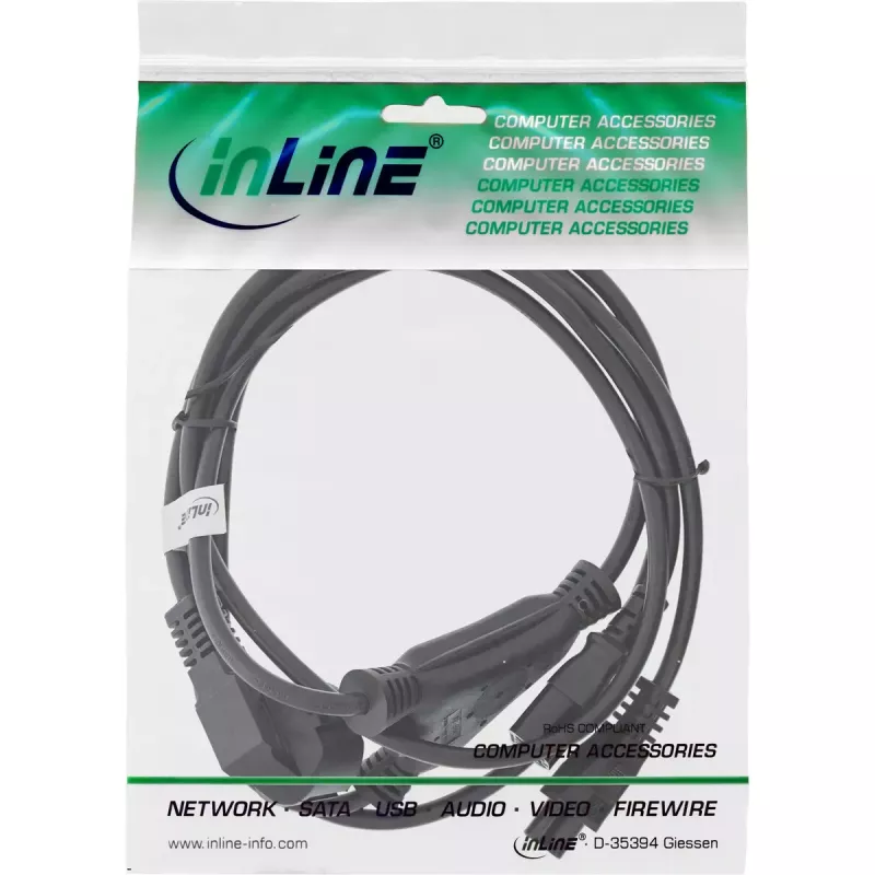 InLine Y-jaudas kabelis CEE 7/7 taisns vīrišķais leņķveida / 3 kontaktu IEC C13 un C5 vīrišķais, 2m