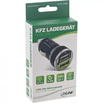 InLine USB automašīnas lādētājs + strāvas adapteris jebkurai USB ierīcei 12/24V līdz 5V DC/2.1A