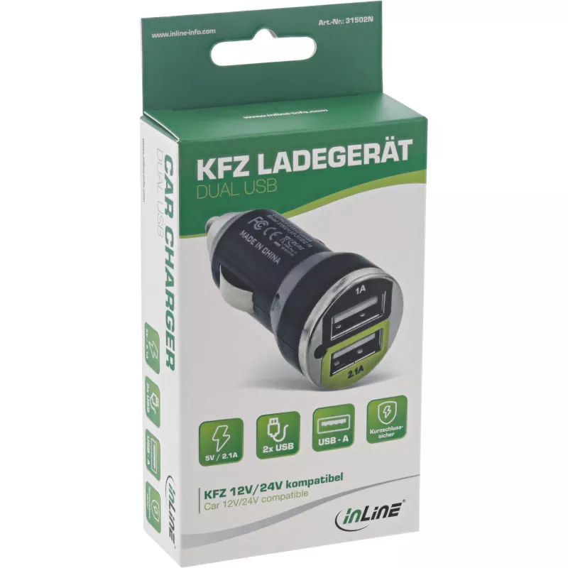 InLine USB automašīnas lādētājs + strāvas adapteris jebkurai USB ierīcei 12/24V līdz 5V DC/2.1A