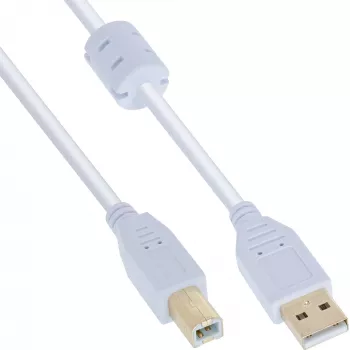 InLine USB 2.0 kabelis, A tipa vīrišķais / B tipa vīrišķais, apzeltīti kontakti, ar ferīta serdi, balts, 10 m