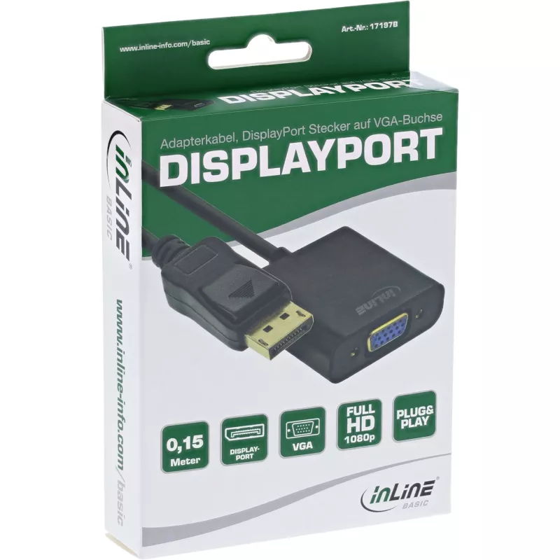 InLine Basic DisplayPort adaptera kabelis, DP vīrišķais / VGA sievišķais melns 0,15 m
