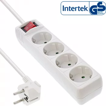 InLine kontaktligzdu sloksne, 4-vietīga ar zemējuma kontaktu CEE 7/3, ar slēdzi, balta, 1,5 m
