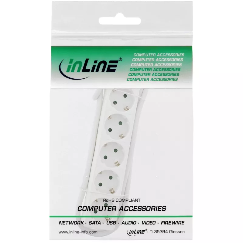 InLine kontaktligzdu sloksne, 5 virzienu zemējuma kontakts CEE 7/3, balta, 1,5 m