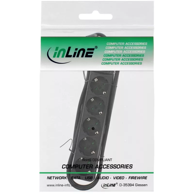InLine kontaktligzdu bloks, 5-vietīgs ar zemējuma kontaktu CEE 7/3, melns, 1,5 m