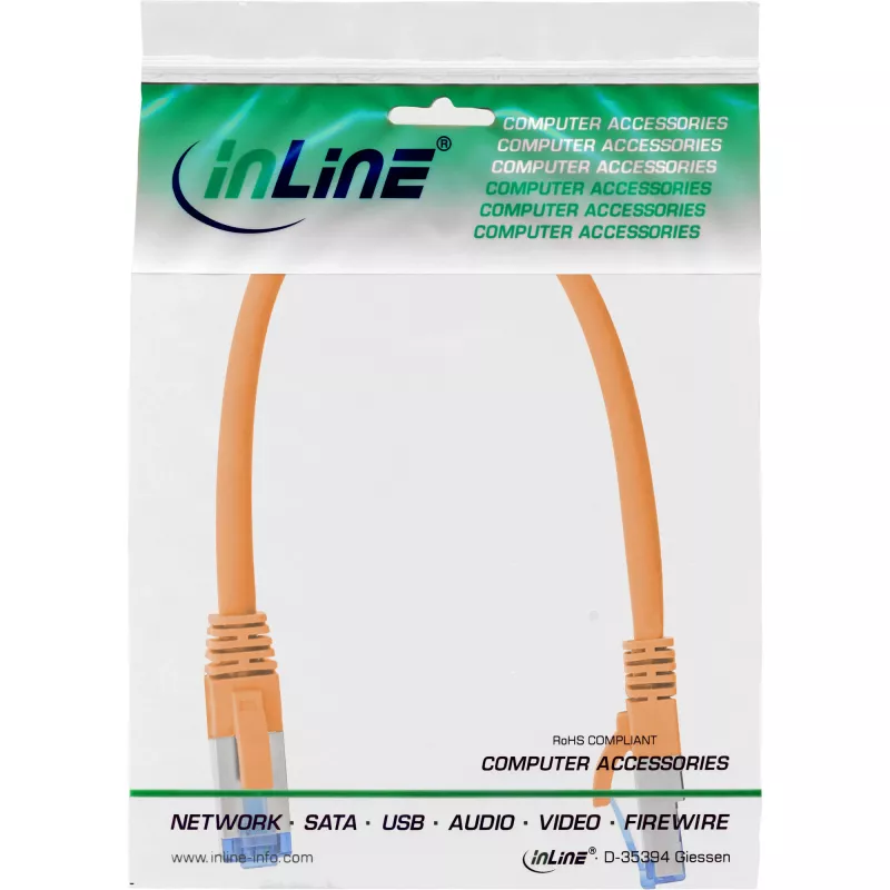 InLine plākstera vads S/FTP PiMF Cat.6A bez halogēna 500MHz oranžs 0.3m