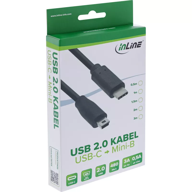 InLine USB 2.0 kabelis, USB-C vīr. / mini-B vīr. (5 kontaktu), melns, 0,5 m