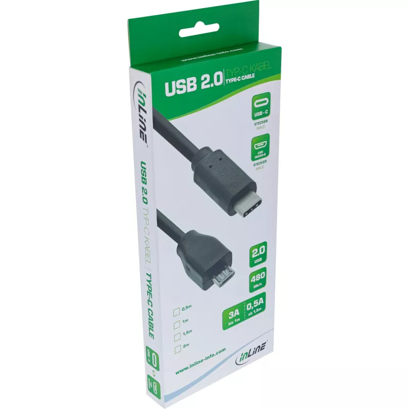 InLine USB 2.0 kabelis, USB-C vīrišķais / Micro-B spraudnis, melns, 1m