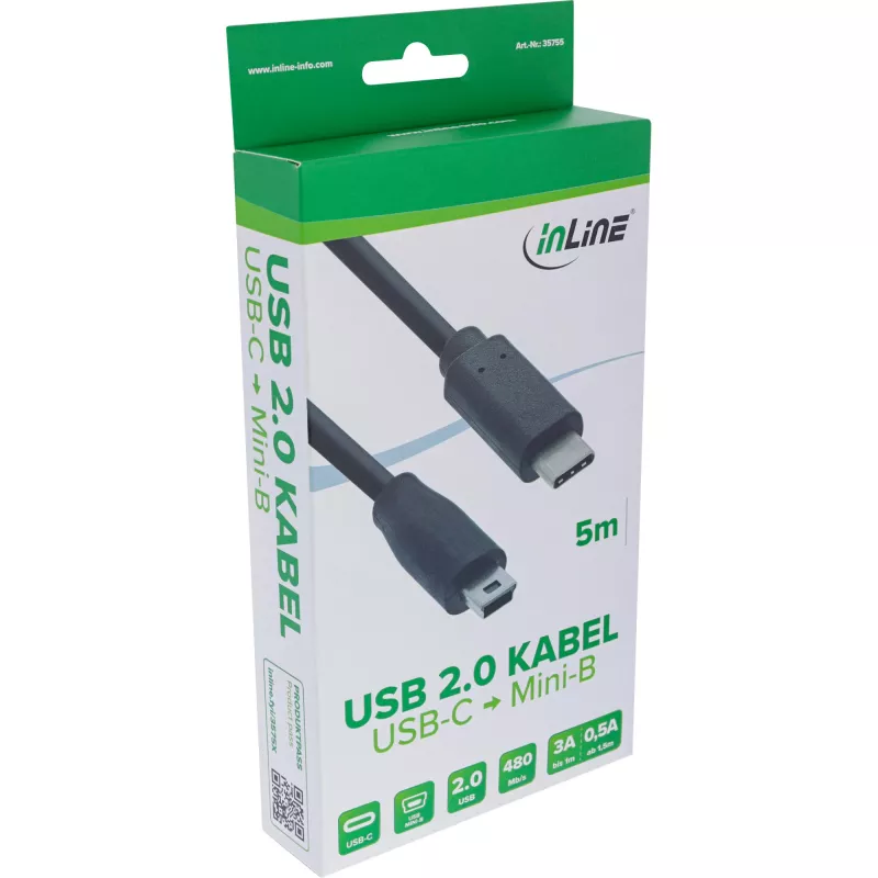InLine USB 2.0 kabelis, USB-C vīr. / mini-B vīr. (5 kontaktu), melns, 5 m