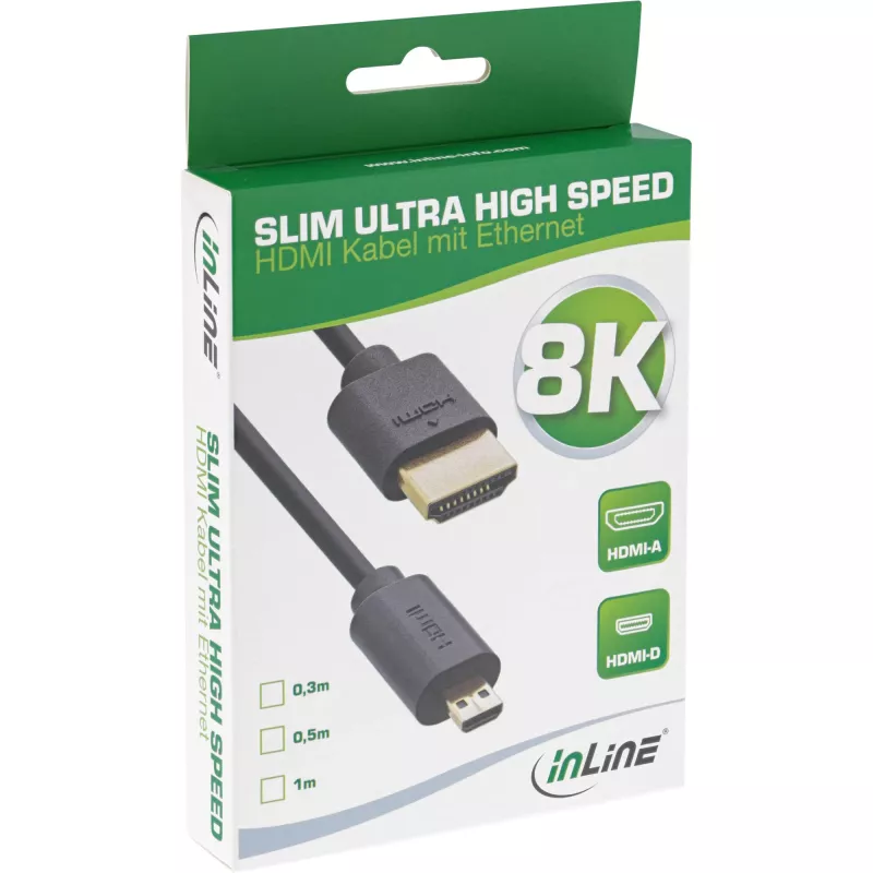 InLine Slim Ultra High Speed HDMI kabelis AM/DM 8K4K, apzeltīts, melns, 1m