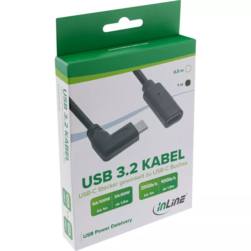 InLine USB 3.2 Gen.1x2 kabelis, USB-C vīr. leņķveida / siev., melns, 1 m