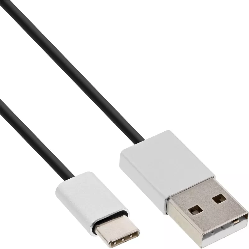 InLine USB 2.0 kabelis, USB-C vīr. / USB-A vīr., melns/alu, elastīgs, 1,5 m