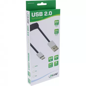 InLine USB 2.0 spirālveida kabelis, USB-C vīr. / USB-A vīr., melns/alu, elastīgs, 0,5 m