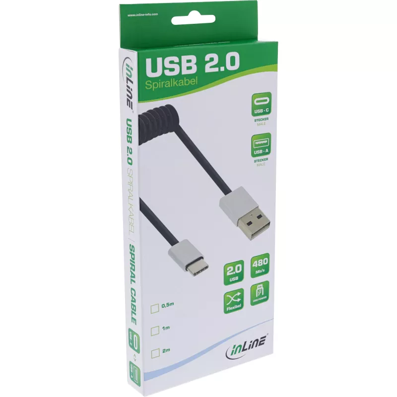 InLine USB 2.0 spirālveida kabelis, USB-C vīr. / USB-A vīr., melns/alu, elastīgs, 0,5 m