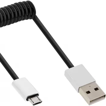 InLine Micro-USB 2.0 spirālveida kabelis, A tipa/Micro-B vīr./vīr., melns/alumīnijs, elastīgs 3m