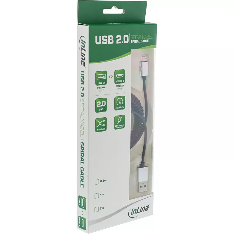 InLine Micro-USB 2.0 spirālveida kabelis, A tipa/Micro-B vīr./vīr., melns/alumīnijs, elastīgs 3m