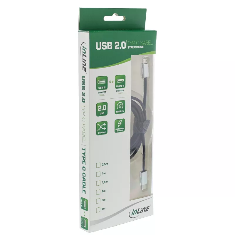 InLine USB 2.0 kabelis, USB-C vīr. / Micro-B vīr., melns/alu, elastīgs, 1,5 m