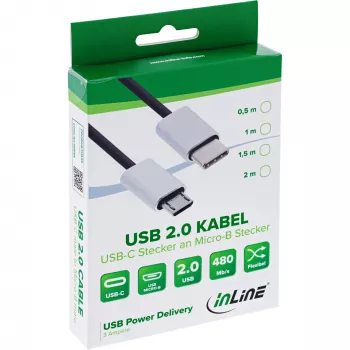 InLine USB 2.0 kabelis, USB-C vīrišķais / Micro-B spraudnis, melns/alumīnijs, elastīgs, 0,5 m