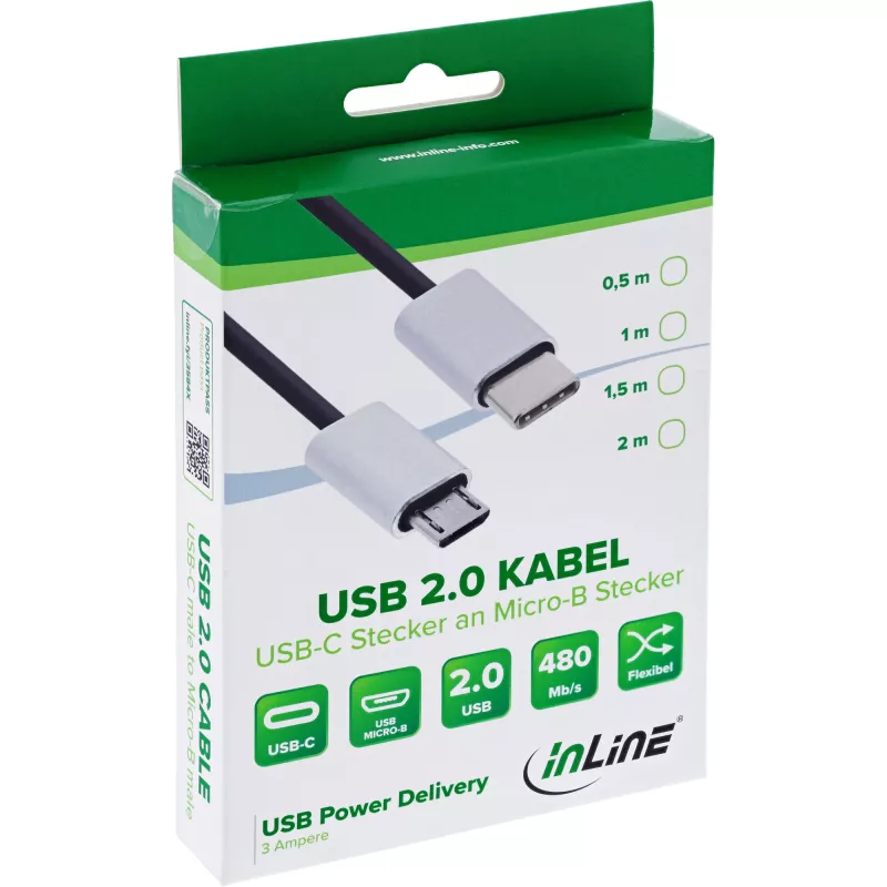 InLine USB 2.0 kabelis, USB-C vīrišķais / Micro-B spraudnis, melns/alumīnijs, elastīgs, 0,5 m