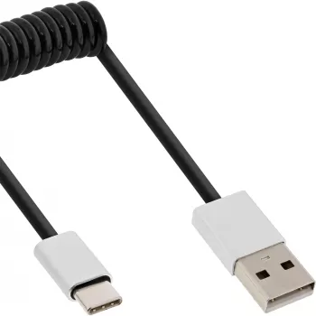 InLine USB 2.0 spirāles kabelis, USB-C vīrišķais / USB-A spraudnis, melns/alu, elastīgs, 2 m