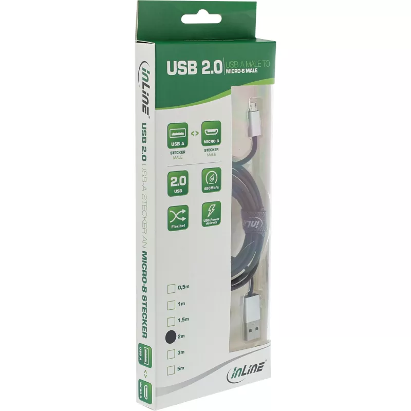 InLine Micro-USB 2.0 kabelis, USB Type A / Micro B vīr./vīr., melns/alumīnijs, elastīgs, 3 m