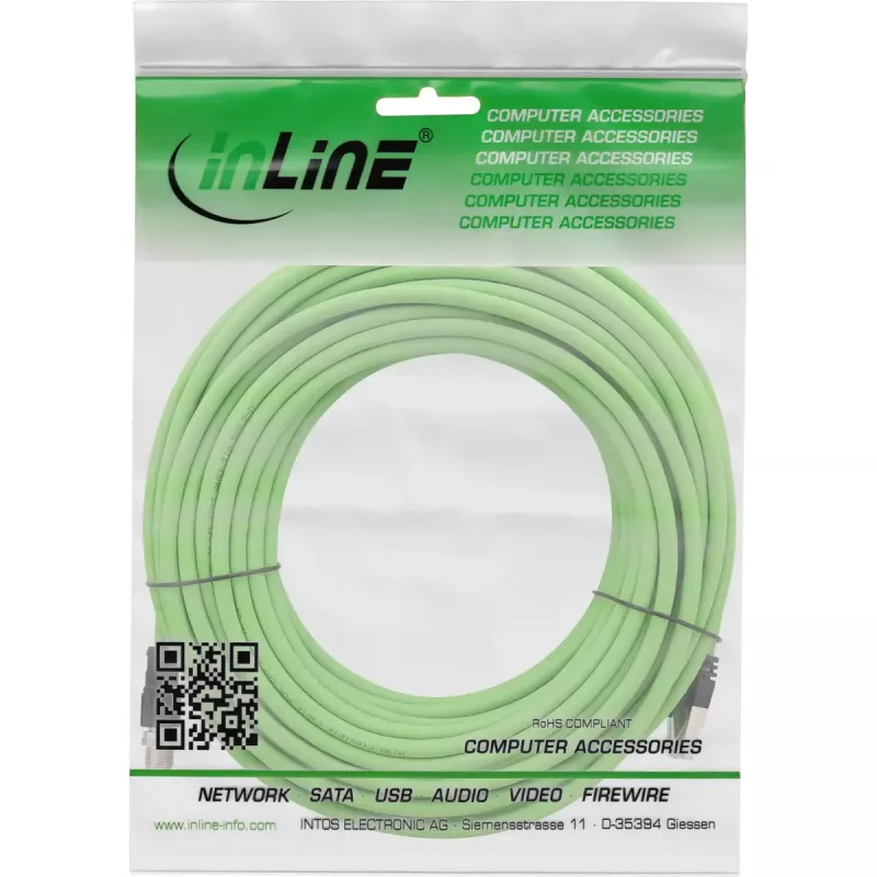 InLine rūpnieciskais tīkla kabelis, M12 8 kontaktu X kodēts uz RJ45 spraudni, Cat.6A PUR 20m