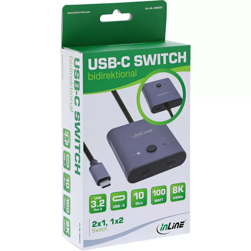 InLine USB-C slēdzis, divvirzienu slēdzis, 10 Gb/s, 100 W