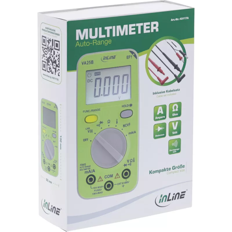 Multimeters InLine 43117A kabatas izmēra ar automātisko diapazonu, LCD 44x30 mm, AAA baterija, 130x62x27 mm
