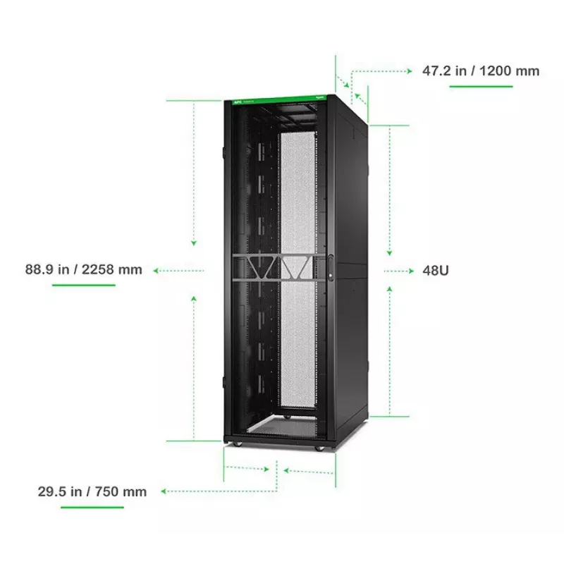 APC NetShelter SX Servera statnis Gen 2, 48U, 2258H x 750W x 1200D mm, ar sāniem, Melns