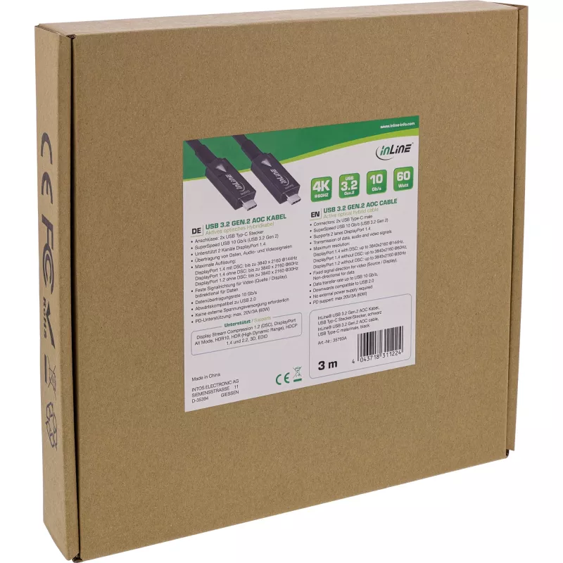 InLine USB 3.2 Gen.2 AOC kabelis, USB-C vīr./vīr., melns, 15m