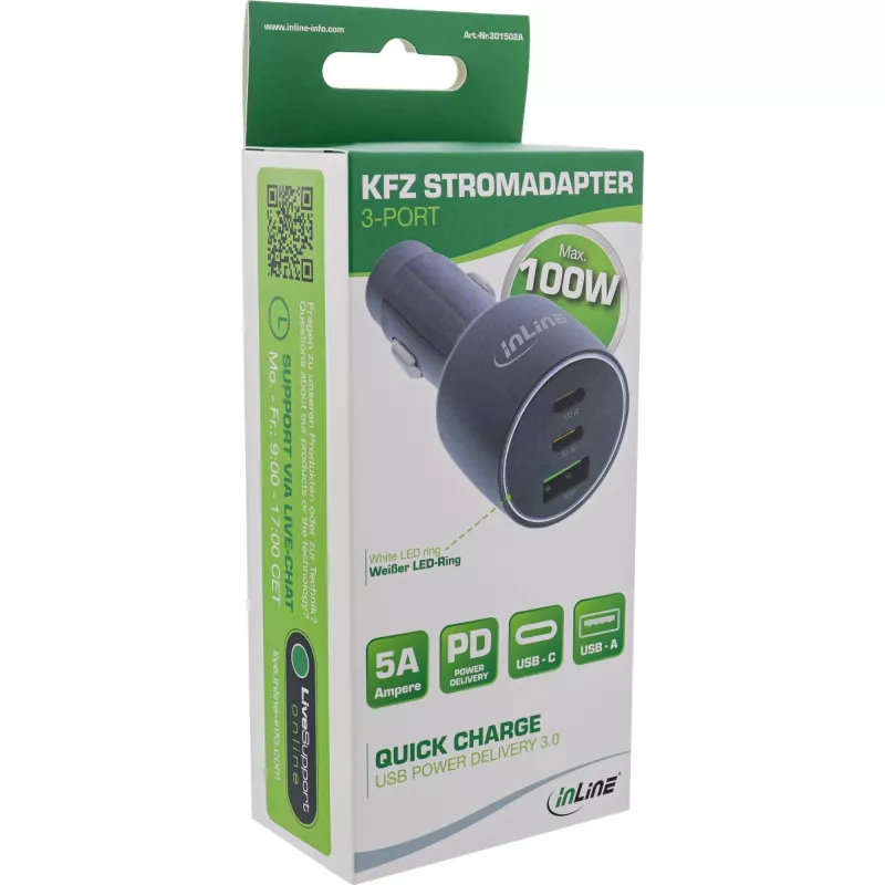 InLine USB automašīnas strāvas adapteris Power Delivery, 2x USB-C + QC USB-A, melns