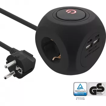InLine lādēšanas kubs InLine 16499B 3x zemējuma kontakts 2x USB-C 2x USB-A melns 2m