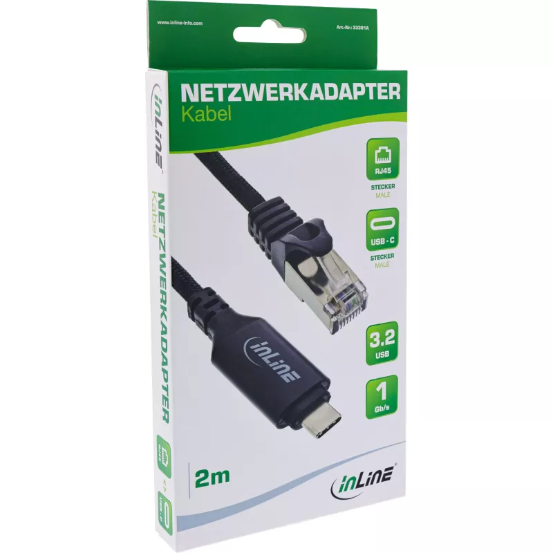 Tīkla kabelis InLine 33381A USB-C uz RJ45 Cat6 2m Melns